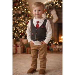 Toddler Boys Sweater Vest Shirt Illusion Tie Holiday Christmas Knit Size 6